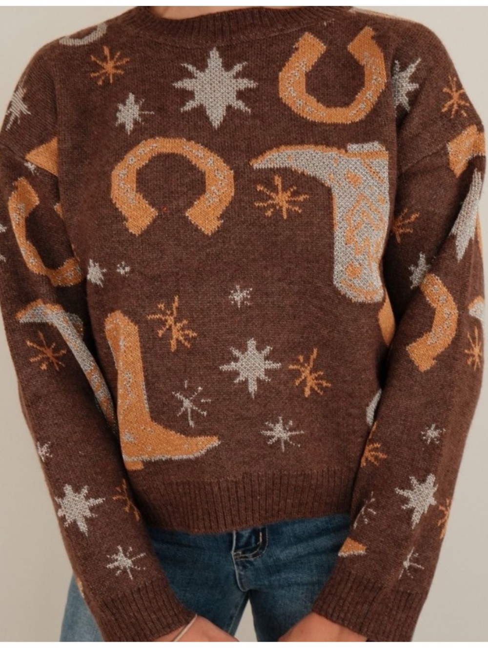 Sunday Up Brown Cowboy Motif Sweater